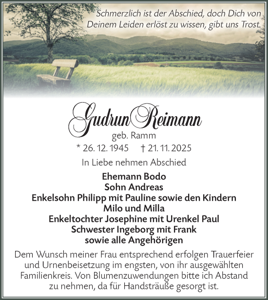 Traueranzeige von Gudrun Reimann von Lausitzer Rundschau