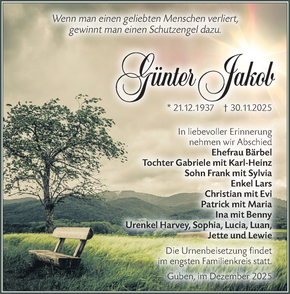  Traueranzeige für Günter Jakob vom 13.12.2025 aus Lausitzer Rundschau
