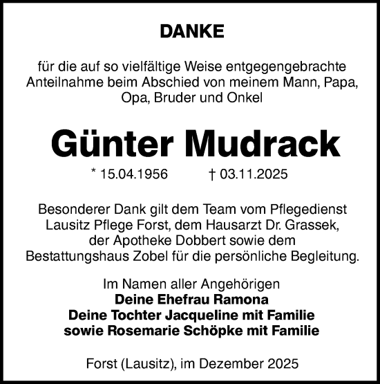 Traueranzeige von Günter Mudrack von Lausitzer Rundschau