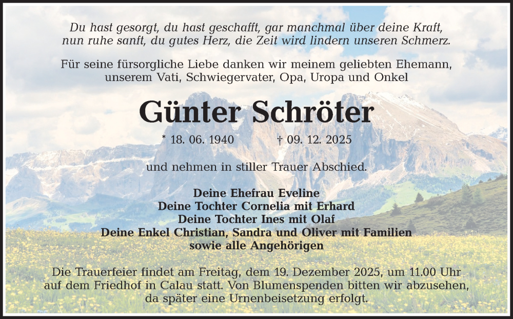  Traueranzeige für Günter Schröter vom 13.12.2025 aus Ausg. LR Spreewald RS