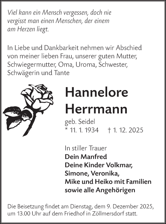 Traueranzeige von Hannelore Herrmann von Ausg. LR Spreewald RS
