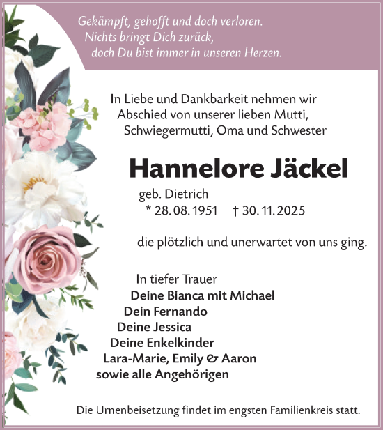 Traueranzeige von Hannelore Jäckel von Lausitzer Rundschau