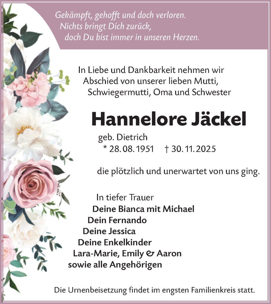  Traueranzeige für Hannelore Jäckel vom 13.12.2025 aus Lausitzer Rundschau