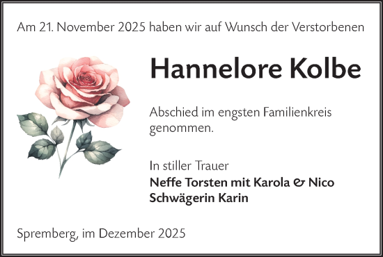 Traueranzeige von Hannelore Kolbe von Lausitzer Rundschau