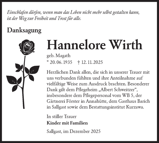 Traueranzeige von Hannelore Wirth von Lausitzer Rundschau