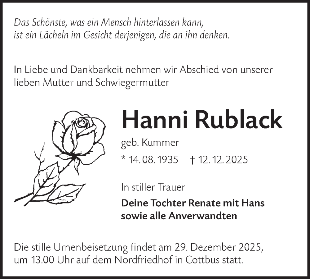  Traueranzeige für Hanni Rublack vom 20.12.2025 aus Lausitzer Rundschau