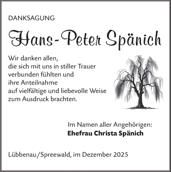 Traueranzeige von Hans-Peter Spänich von Lausitzer Rundschau