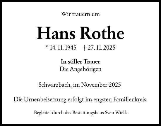 Traueranzeige von Hans Rothe von Lausitzer Rundschau