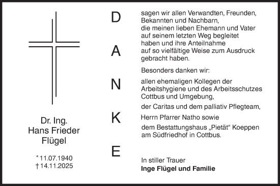 Traueranzeige von Hans Frieder Flügel von Lausitzer Rundschau