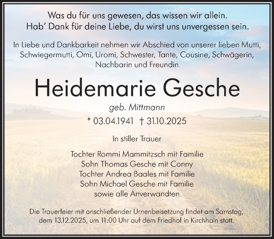 Traueranzeige von Heidemarie Gesche von Lausitzer Rundschau