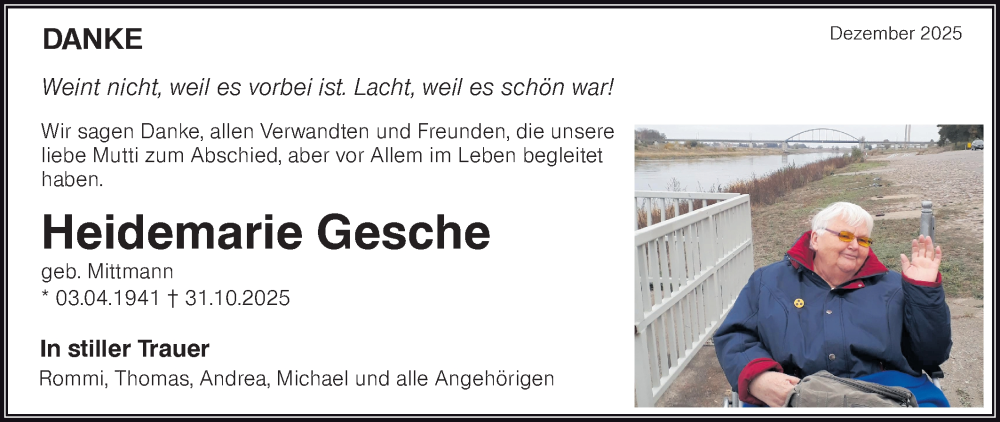  Traueranzeige für Heidemarie Gesche vom 20.12.2025 aus Lausitzer Rundschau