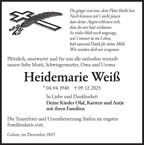 Traueranzeige von Heidemarie Weiß von Lausitzer Rundschau