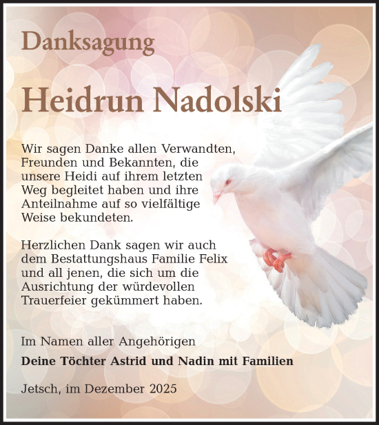 Traueranzeige von Heidrun Nadolski von Lausitzer Rundschau