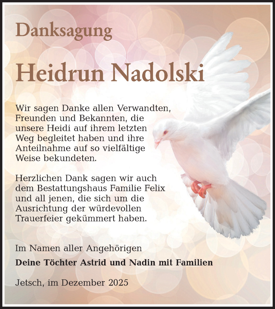  Traueranzeige für Heidrun Nadolski vom 20.12.2025 aus Lausitzer Rundschau