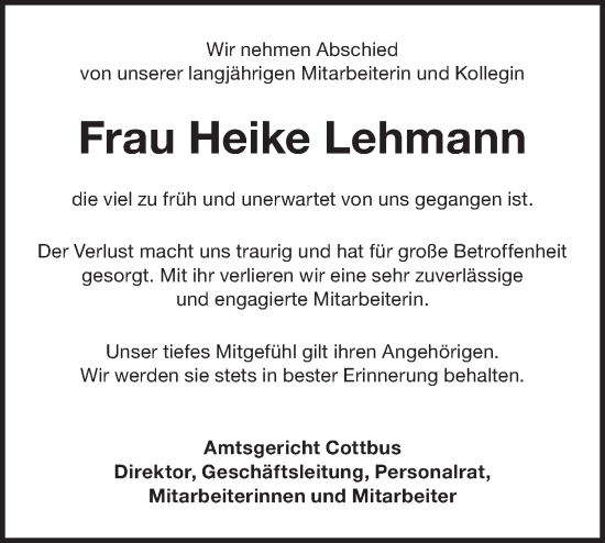 Traueranzeige von Heike Lehmann von Lausitzer Rundschau