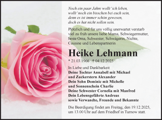 Traueranzeige von Heike Lehmann von Lausitzer Rundschau