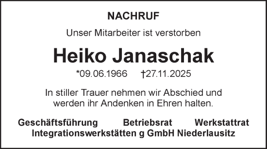 Traueranzeige von Heiko Janaschak von Lausitzer Rundschau