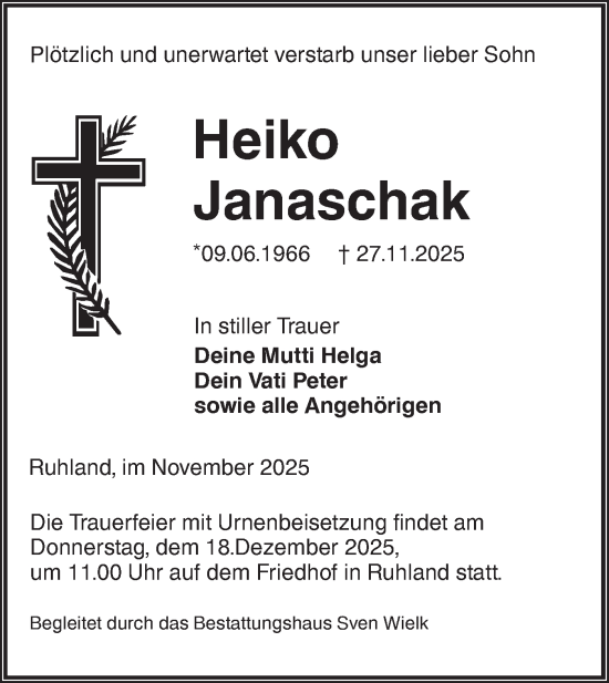 Traueranzeige von Heiko Janaschak von Lausitzer Rundschau