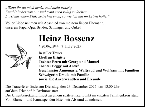 Traueranzeige von Heinz Bossenz von Lausitzer Rundschau