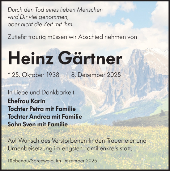 Traueranzeige von Heinz Gärtner von Lausitzer Rundschau