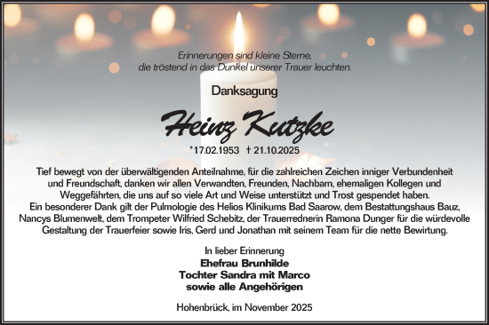 Traueranzeige von Heinz Kutzke von Lausitzer Rundschau