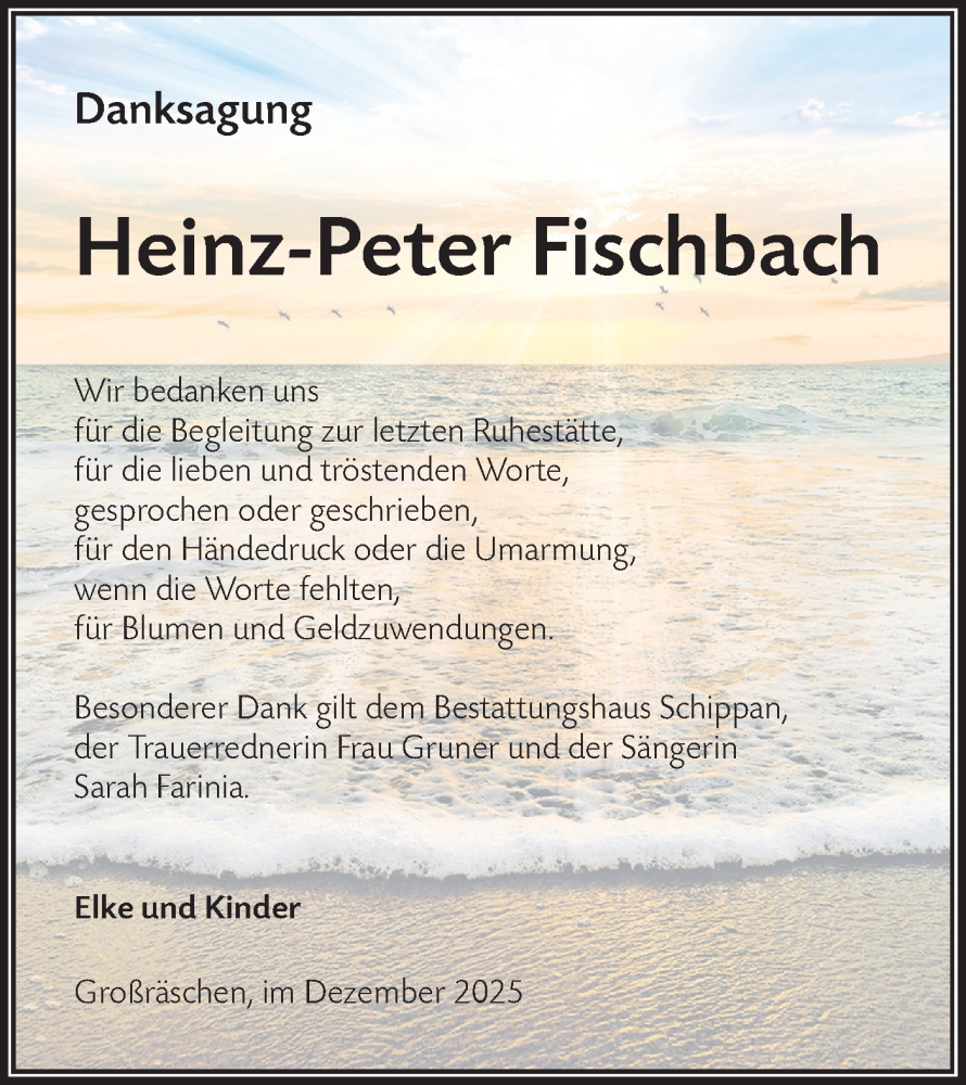  Traueranzeige für Heinz-Peter Fischbach vom 20.12.2025 aus Lausitzer Rundschau