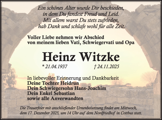 Traueranzeige von Heinz Witzke von Lausitzer Rundschau