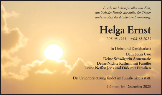 Traueranzeige von Helga Ernst von Lausitzer Rundschau