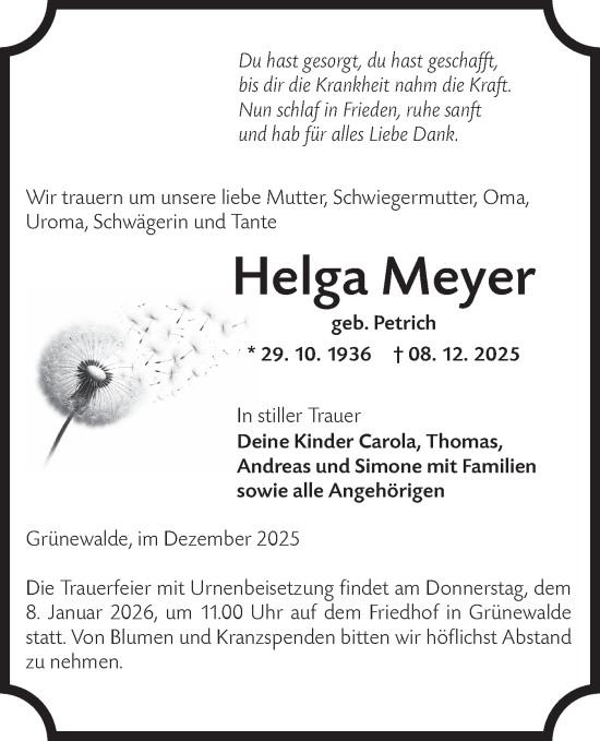 Traueranzeige von Helga Meyer von Lausitzer Rundschau