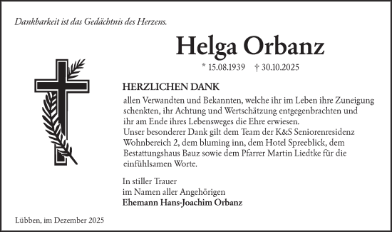 Traueranzeige von Helga Orbanz von Lausitzer Rundschau