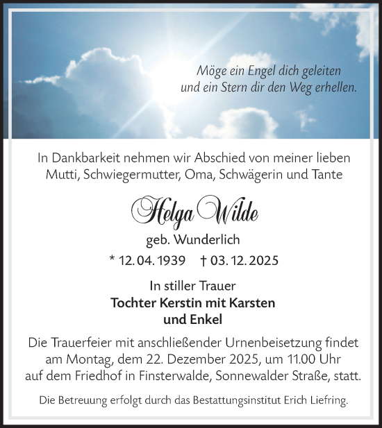 Traueranzeige von Helga Wilde von Lausitzer Rundschau