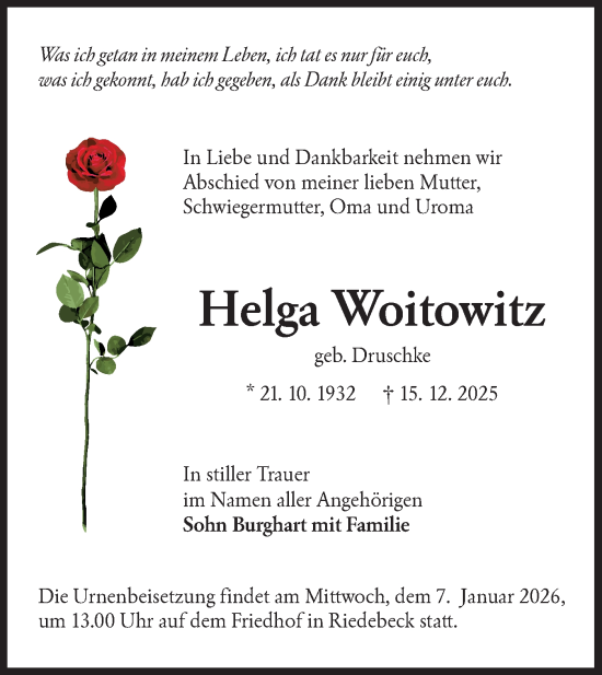 Traueranzeige von Helga Woitowitz von Lausitzer Rundschau