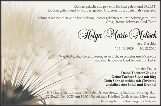 Traueranzeige von Helga Marie Melisch von Lausitzer Rundschau