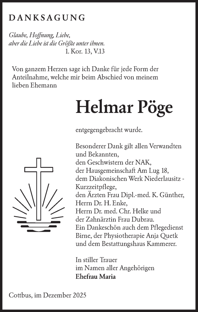  Traueranzeige für Helmar Pöge vom 27.12.2025 aus Lausitzer Rundschau