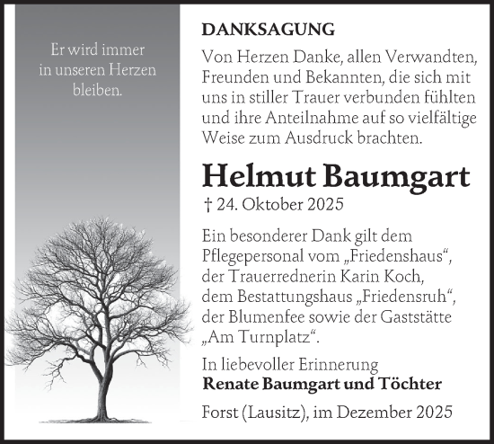 Traueranzeige von Helmut Baumgart von Lausitzer Rundschau