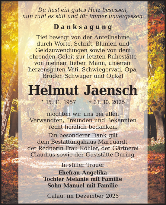 Traueranzeige von Helmut Jaensch von Lausitzer Rundschau