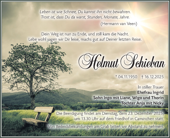 Traueranzeige von Helmut Schieban von Ausg. LR Spreewald RS