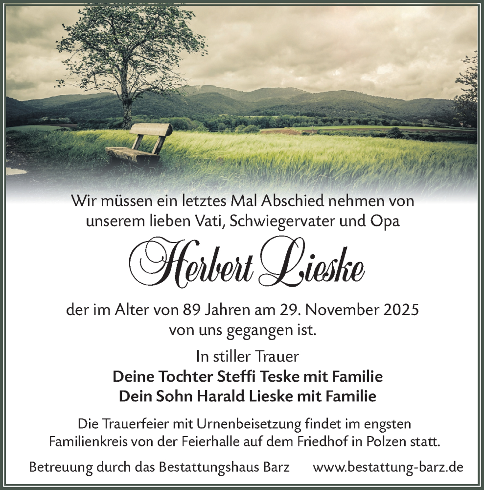  Traueranzeige für Herbert Lieske vom 13.12.2025 aus Lausitzer Rundschau