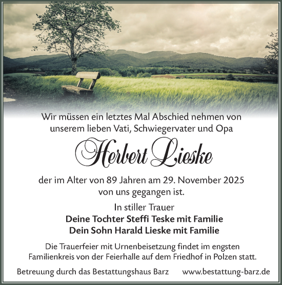 Traueranzeige von Herbert Lieske von Lausitzer Rundschau