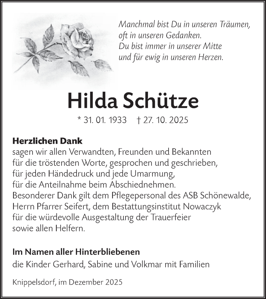  Traueranzeige für Hilda Schütze vom 20.12.2025 aus Lausitzer Rundschau