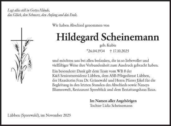Traueranzeige von Hildegard Scheinemann von Lausitzer Rundschau
