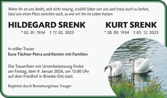 Traueranzeige von Hildegard und Kurt Srenk von Lausitzer Rundschau