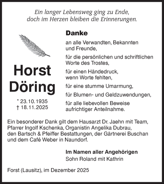 Traueranzeige von Horst Döring von Lausitzer Rundschau