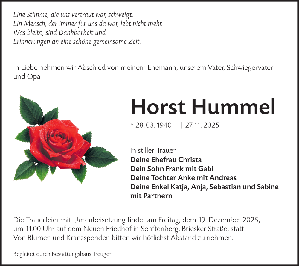 Traueranzeige für Horst Hummel vom 06.12.2025 aus Lausitzer Rundschau