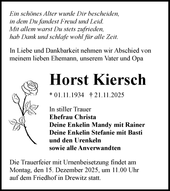 Traueranzeige von Horst Kiersch von Lausitzer Rundschau