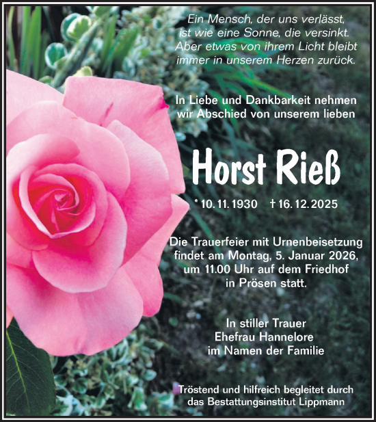 Traueranzeige von Horst Rieß von Lausitzer Rundschau