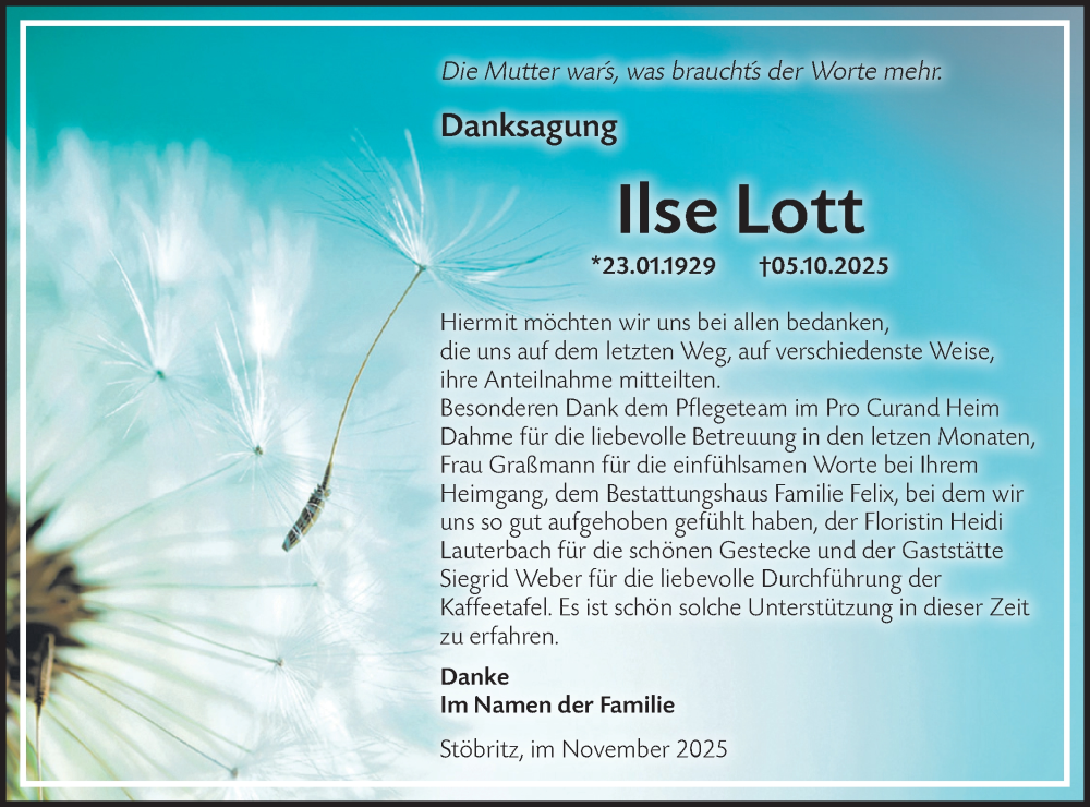  Traueranzeige für Ilse Lott vom 06.12.2025 aus Lausitzer Rundschau