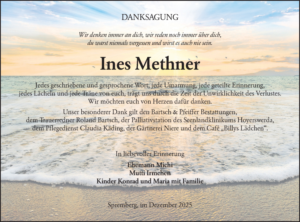  Traueranzeige für Ines Methner vom 06.12.2025 aus Lausitzer Rundschau