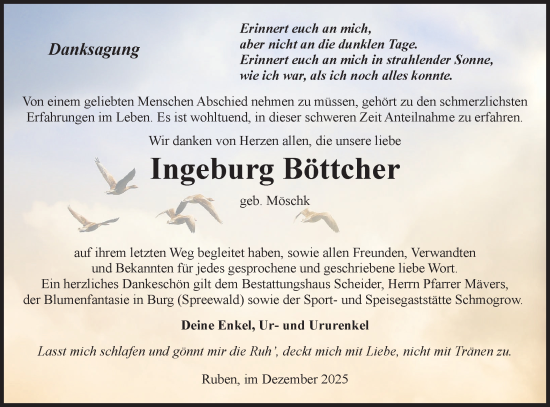 Traueranzeige von Ingeburg Böttcher von Lausitzer Rundschau