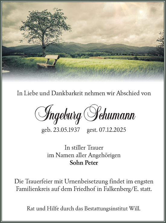 Traueranzeige von Ingeburg Schumann von Lausitzer Rundschau